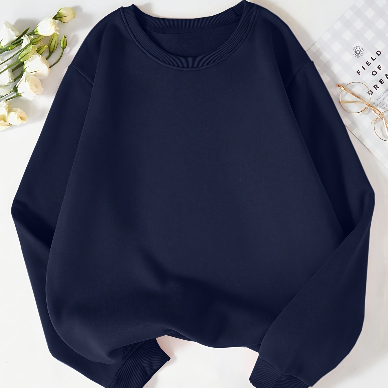 

Women's Casual Solid Color Sweatshirt - Cozy Long Sleeve Crew Neck Pullover For Fall & Winter, Machine Washable