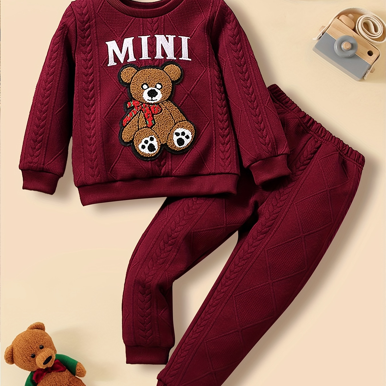 

Toddler Girls 2 Pieces, Bear Embroidery Sweatshirt Top + Jogger Pants, Comfy Loose Fit Sets For Spring Fall