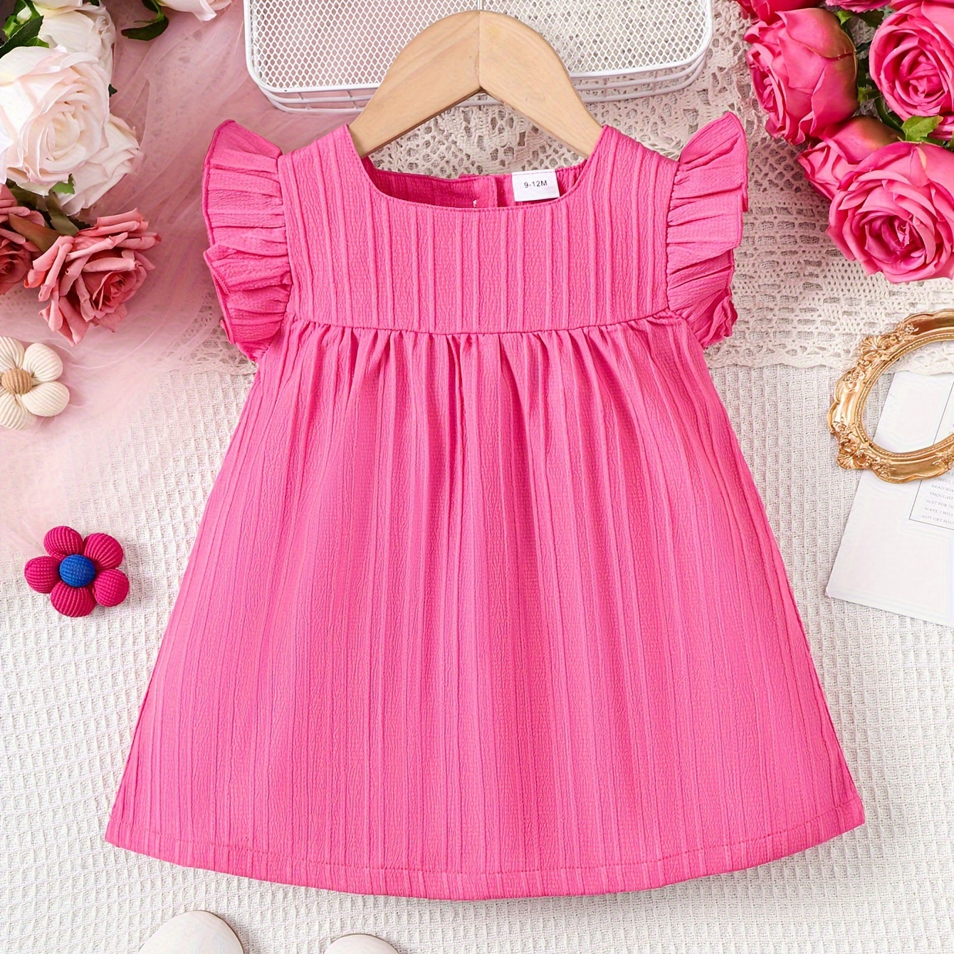 

Baby's Trendy Solid Color Textured Dress, Casual Square Neck Cap Sleeve Dress, Infant & Toddler Girl's Clothing For Summer/spring, As Gift