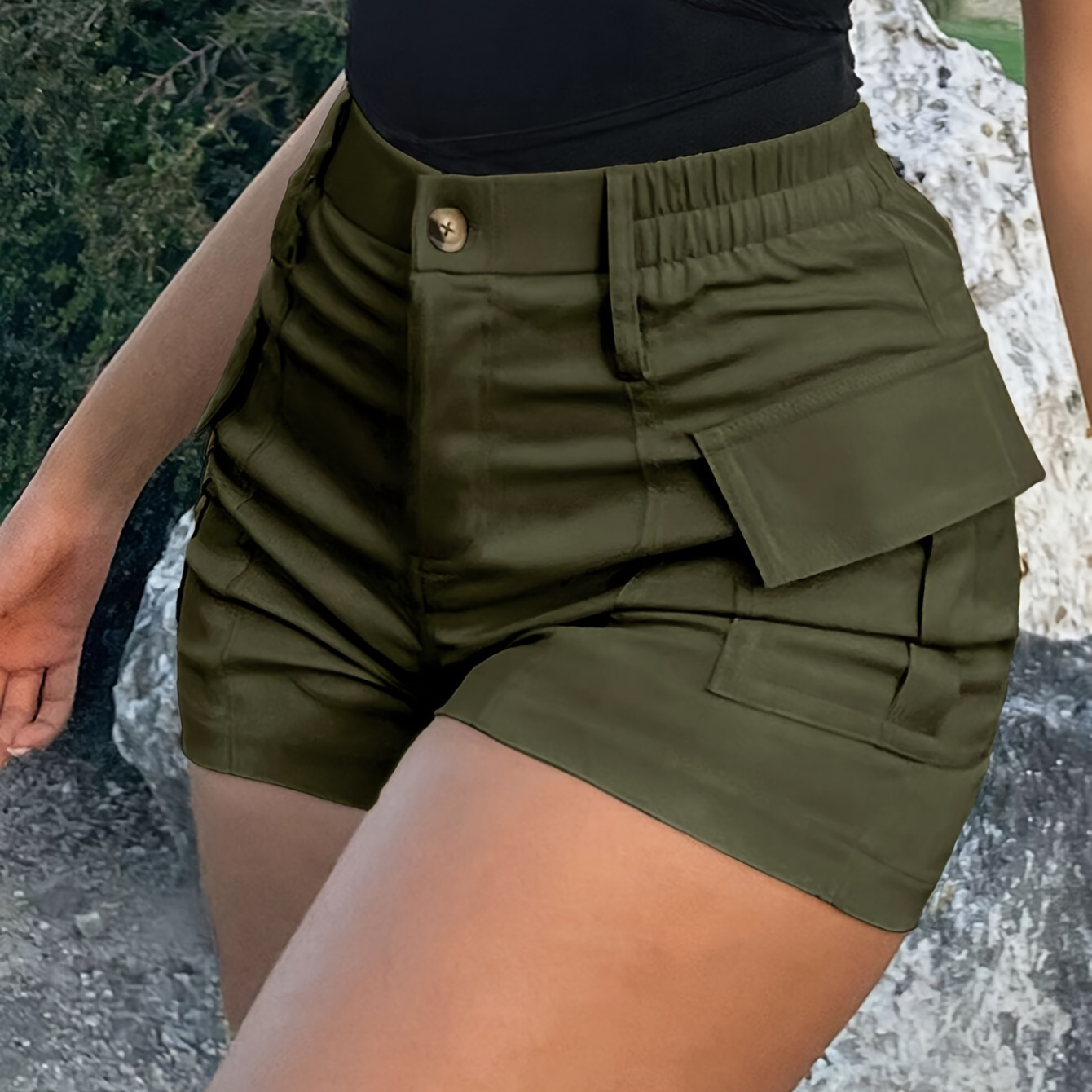 

Flap Pocket High Waist Cargo Shorts, Vacation Fashion Shorts For Spring & Summer, Women's Clothing