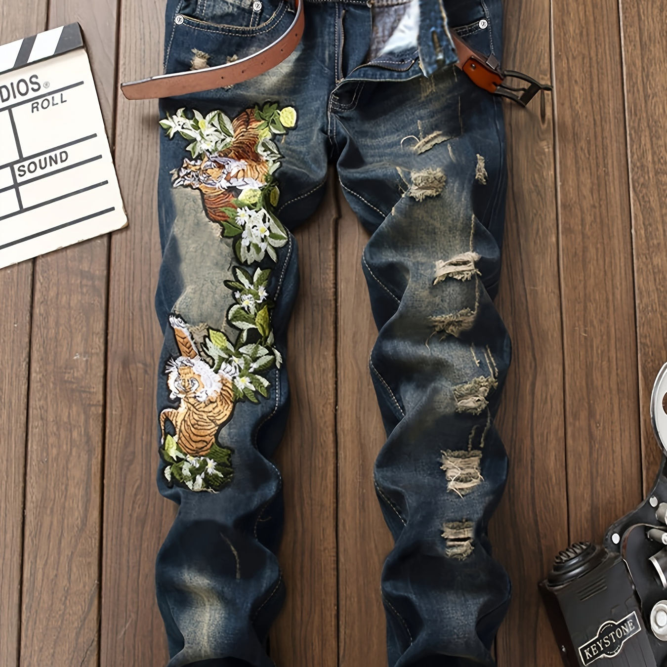 

Hip Hop Street Style Tiger Embroidery Men's Straight Ripped Denim Jeans With Pockets, Spring Fall Outdoor