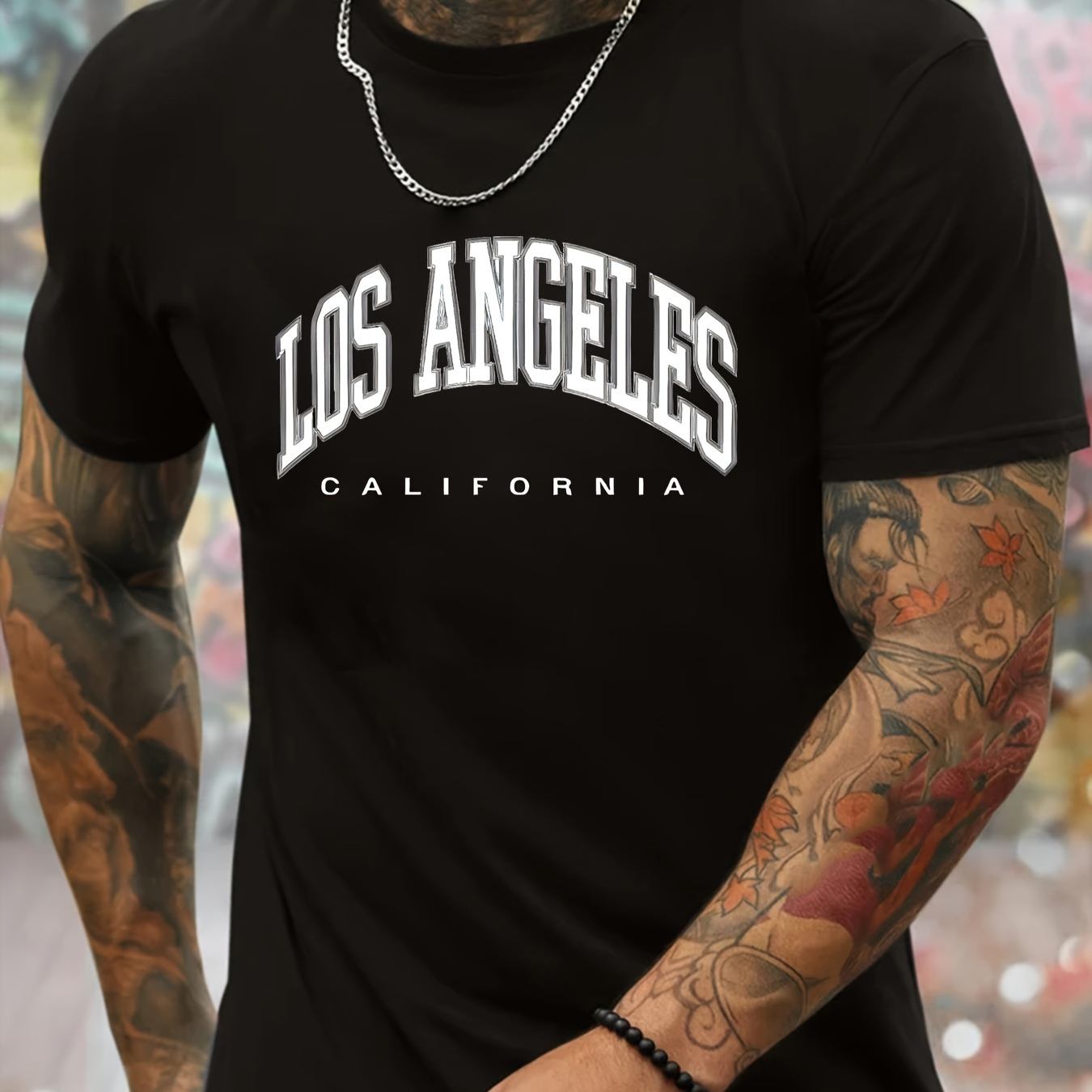 

Los Angeles Graphic Men's Short Sleeve T-shirt, Comfy Stretchy Trendy Tees For Summer, Casual Daily Style Fashion Clothing