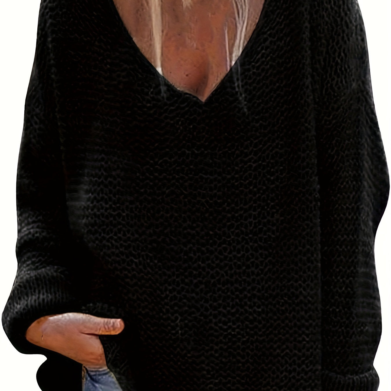 

Drop Shoulder V Neck Sweater, Elegant Long Sleeve Sweater For Fall & Winter, Women's Clothing