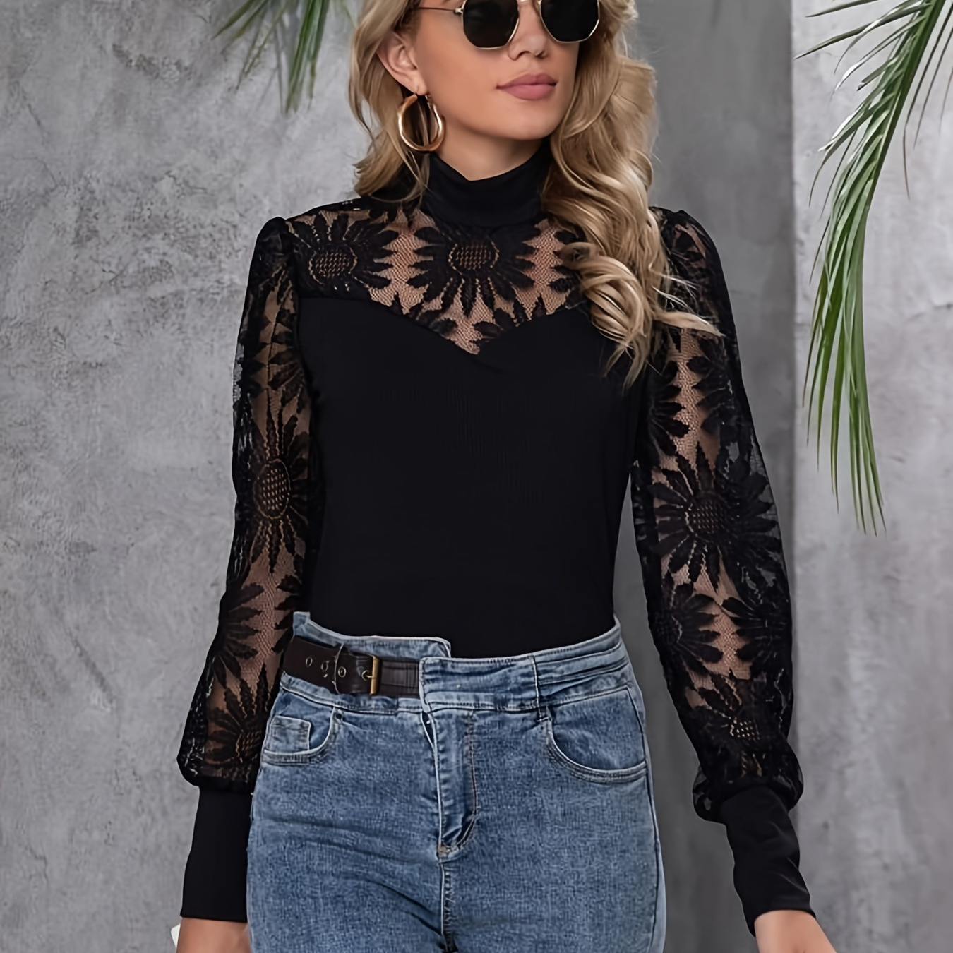 

Contrast Lace Mock Neck T-shirt, Elegant Long Sleeve Top For Spring & Fall, Women's Clothing