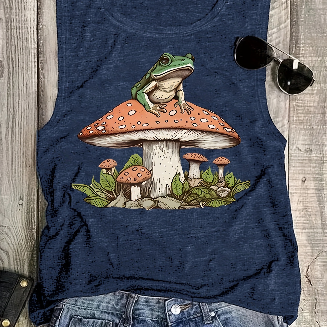 

Frog & Mushroom Print Tank Top, Sleeveless Casual Top For Summer & Spring, Women's Clothing