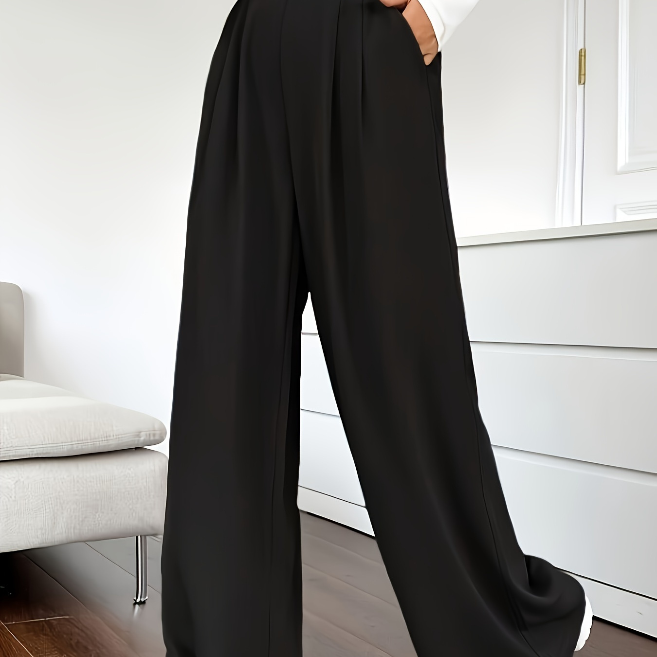 

Solid Color High Waist Pants, Elegant Dual Pockets Wide Leg Pants For Spring & Summer, Women's Clothing