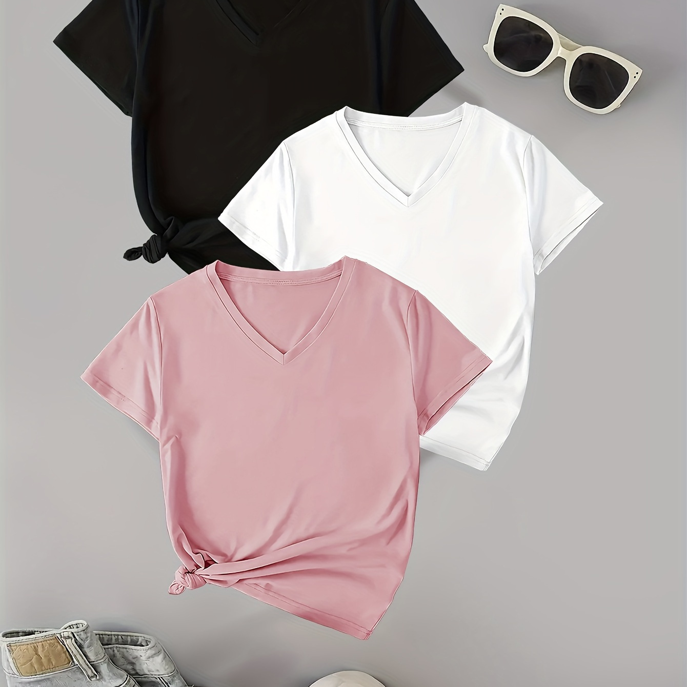 

3 Pack Solid Color V Neck T-shirt, Casual Short Sleeve Top For Summer & Spring, Women's Clothing