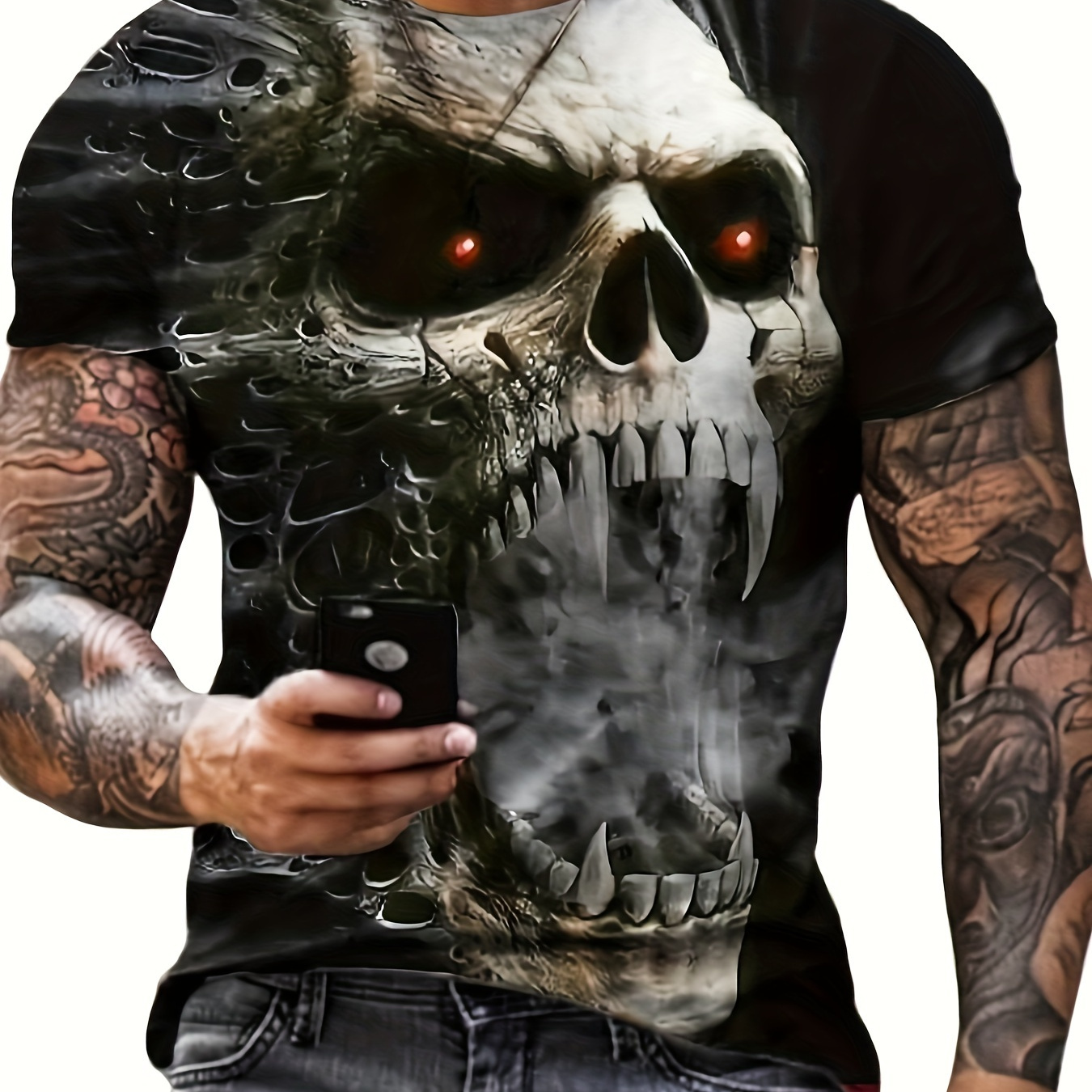 

Men's Y2k Style Skull Pattern Shirt, Casual Slightly Stretch Breathable Crew Neck Short Sleeve Tee Top For City Walk Street Hanging Outdoor Activities