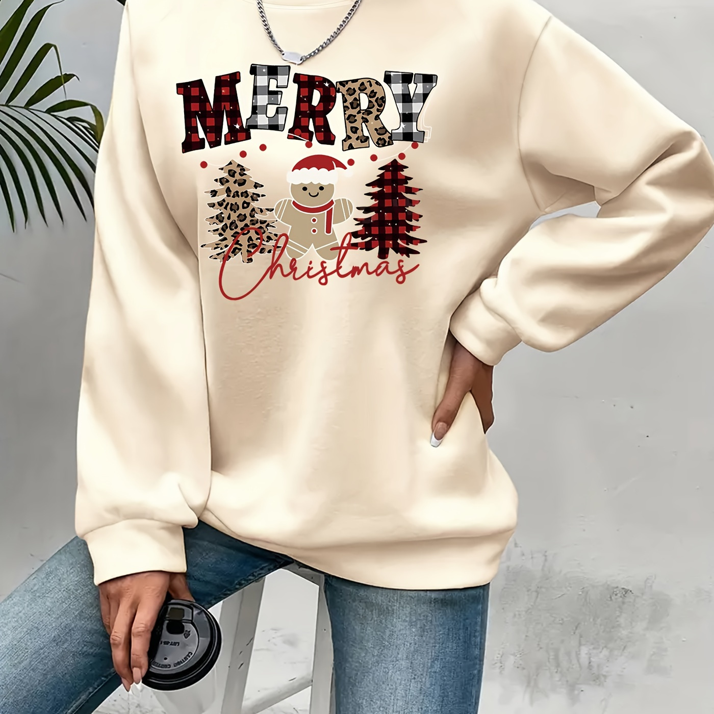 

Cozy Christmas-themed Crew Neck Sweatshirt For Women - Casual Polyester Pullover, Machine Washable - Fall & Winter, Loose Fit, Fashion