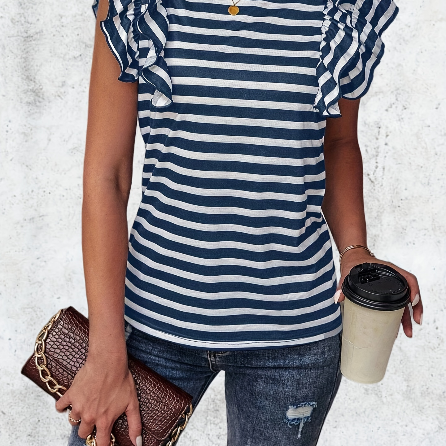 

Striped Print Layered Ruffle Trim T-shirt, Casual Crew Neck T-shirt For Spring & Summer, Women's Clothing