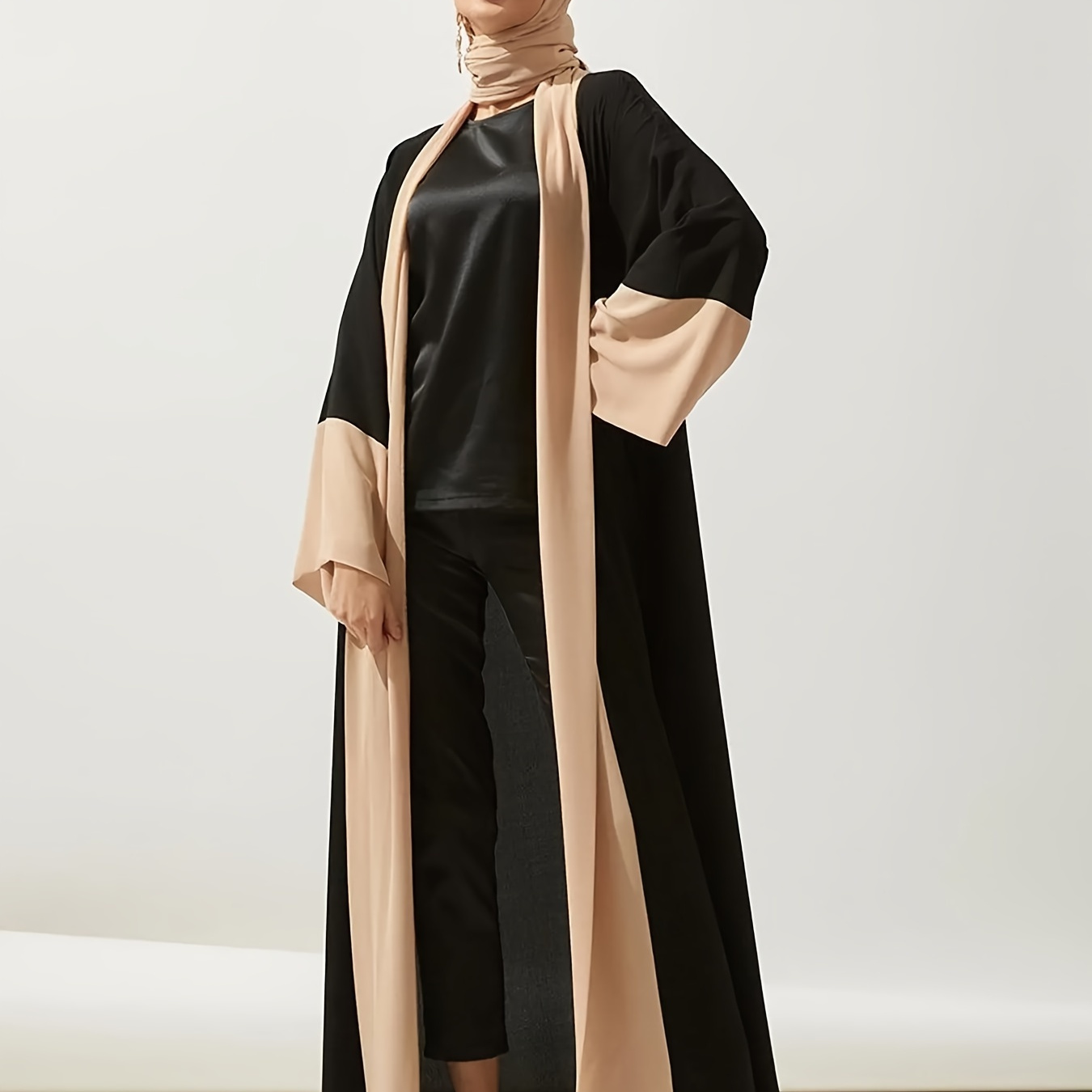 

Contrast Trim Open Front Modest Outwear, Elegant Long Sleeve Maxi Length Cover Up, Women's Clothing