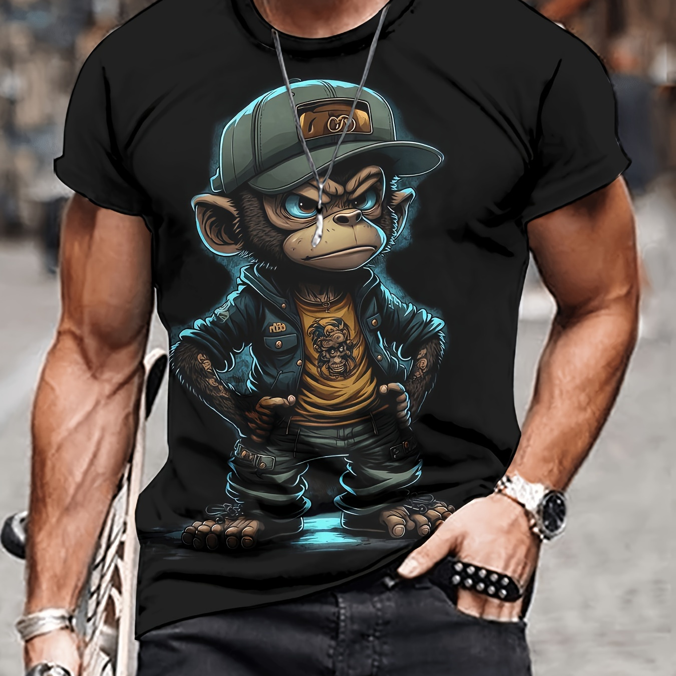 

Men's Monkey Graphic Print T-shirt, Casual Short Sleeve Crew Neck Tee, Men's Clothing For Summer Outdoor