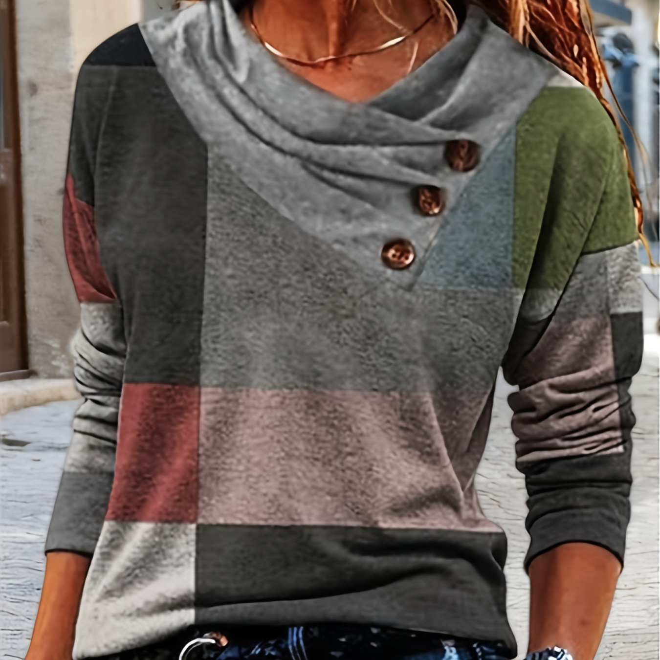 

V Neck T-shirt, Casual Long Sleeve Buttons T-shirt For Spring & Fall, Women's Clothing