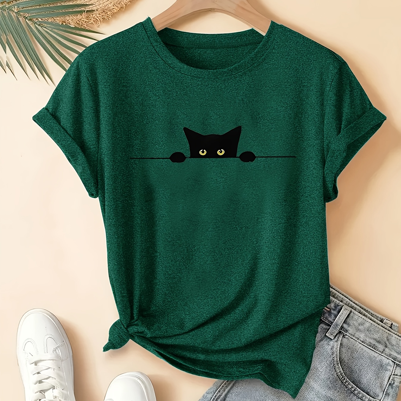 women's casual short sleeve t shirt cute black cat graphic