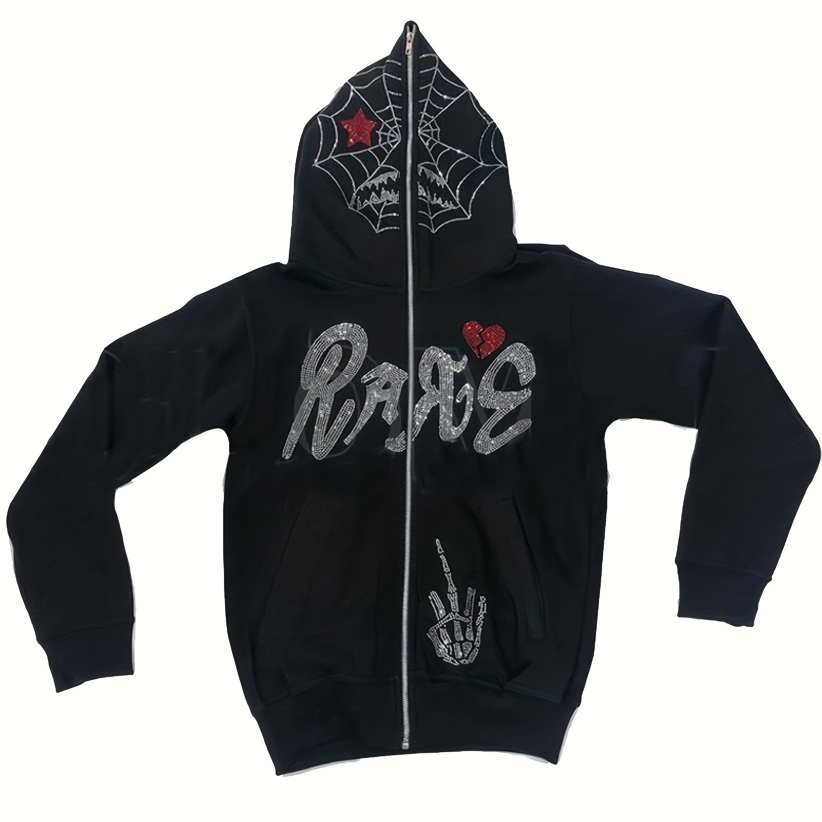 

1pc, Men' Embroidered Printed Zipper Hoodie Dance Skateboarding Hip Hop Skeleton Printed Embroidered Sports Hoodie