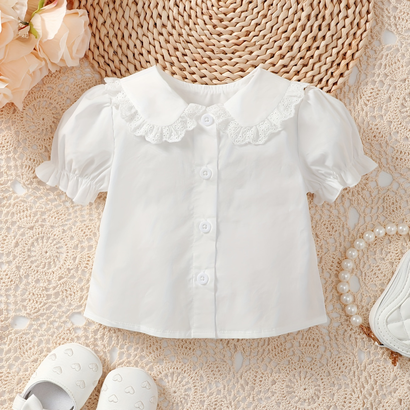 

Girl's Cute Lace Trim Doll Collar Ruffle Cuff Single Breasted Shirt - Toddler Baby's Comfy Top