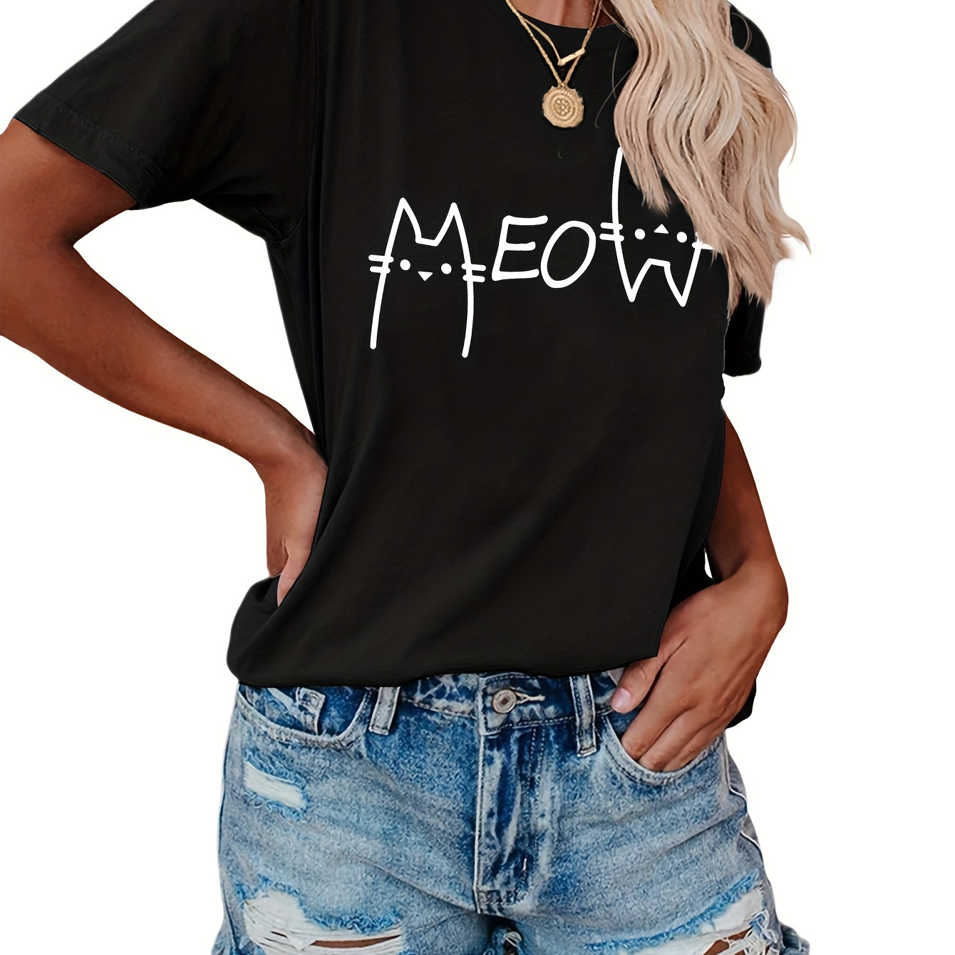 

Meow & Cartoon Cat Print T-shirt, Short Sleeve Crew Neck Casual Top For Summer & Spring, Women's Clothing