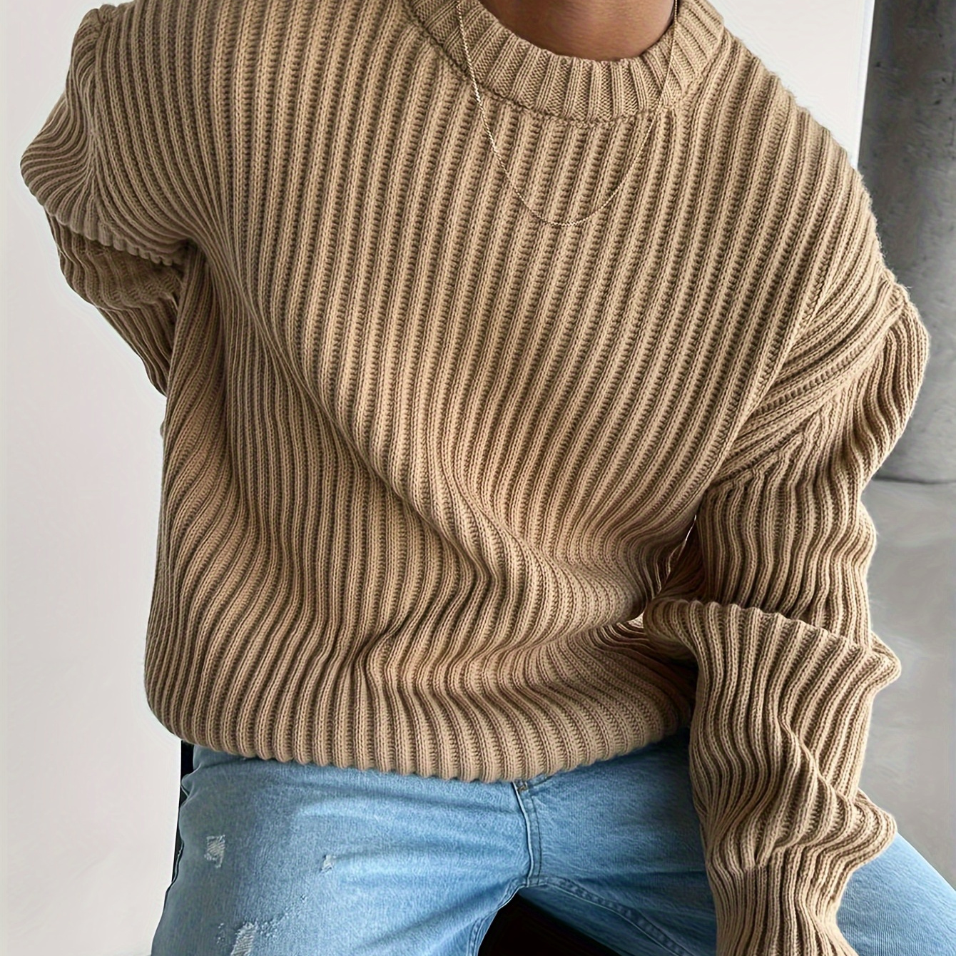 

Men's Casual Crew Neck Long Sleeve Chunky Knit Sweater - Soft Polyester, Fall/winter