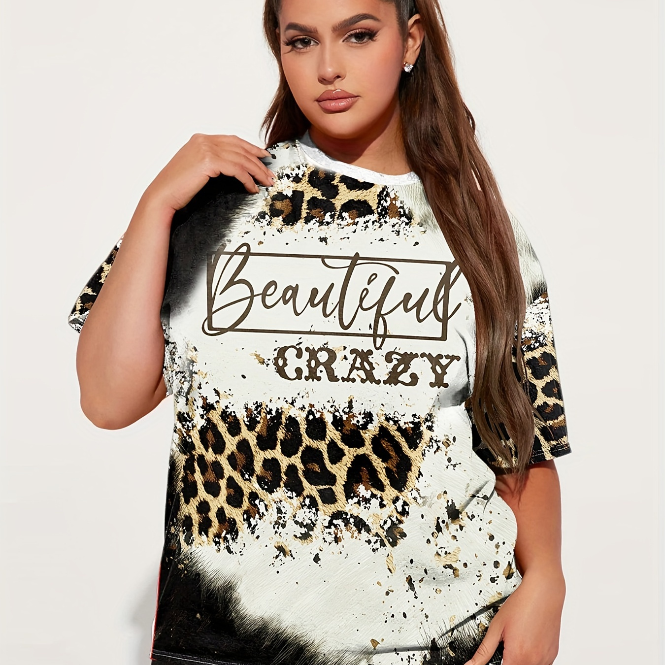 

Plus Size Casual T-shirt, Women's Plus Leopard & Letter Print Short Sleeve Round Neck Slight Stretch T-shirt
