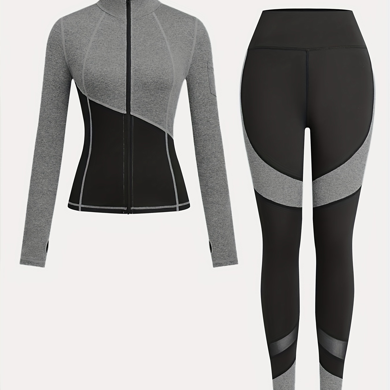 

Women's Running And Fitness Yoga Outfit (with Thumb Hole Cylindrical Sports Jacket And Matching Leggings) Two-piece Set