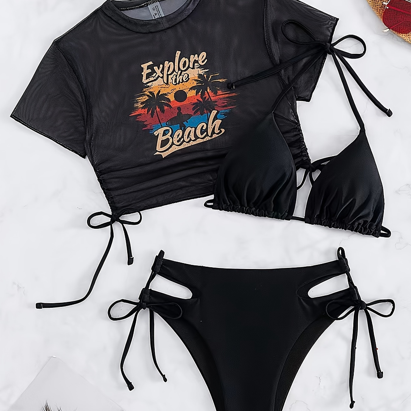 

Women's 3-piece Bikini Set With Printed Crop Top, Sexy Style, Tie-side Swimwear, Beachwear