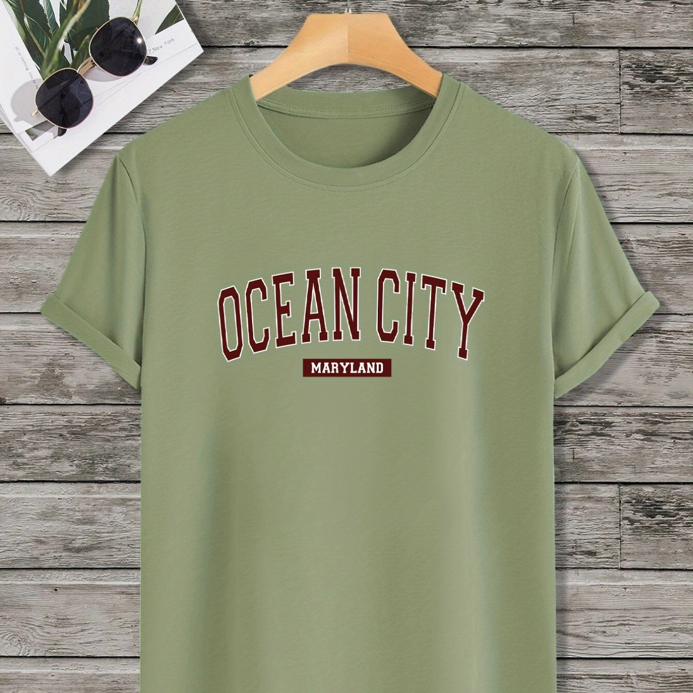 

ocean City Maryland" Tee Pattern Print Men's Slight Stretch T-shirt, Graphic Tee Men's Summer Clothes, Men's Outfits