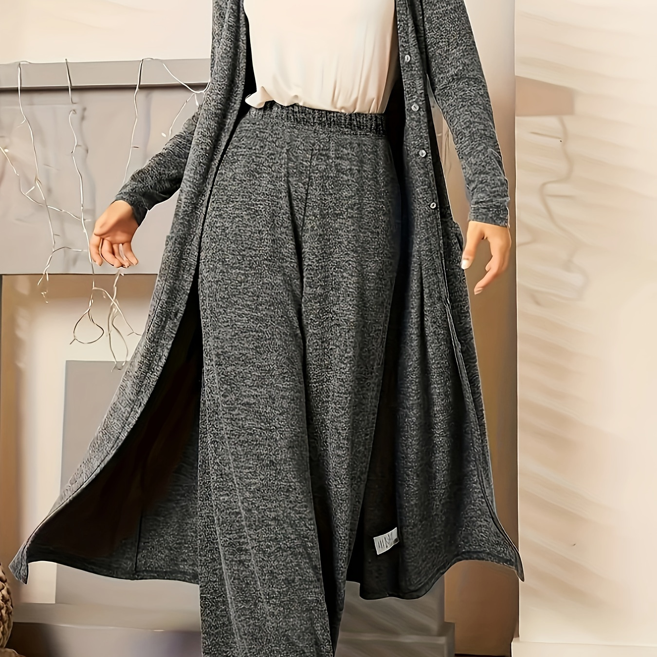 

Women's Set, Plus Size Solid Long Sleeve Buttons V Neck Longline Cardigan & Pants Loungewear 2 Piece Set For Fall & Winter