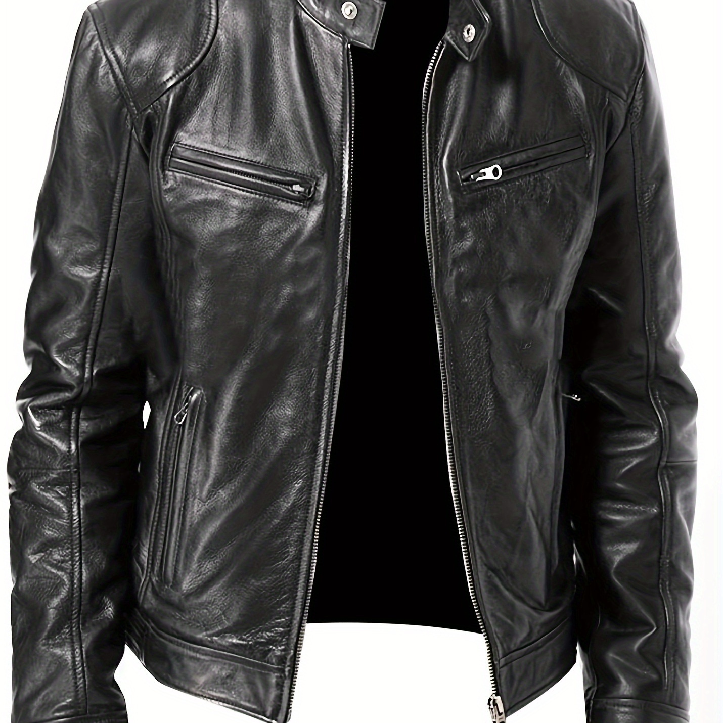 

Men's Solid Pu Leather Jacket, Full Zip-up Stand Collar Motorcycle Bomb Jacket For Outdoor, Spring And Autumn