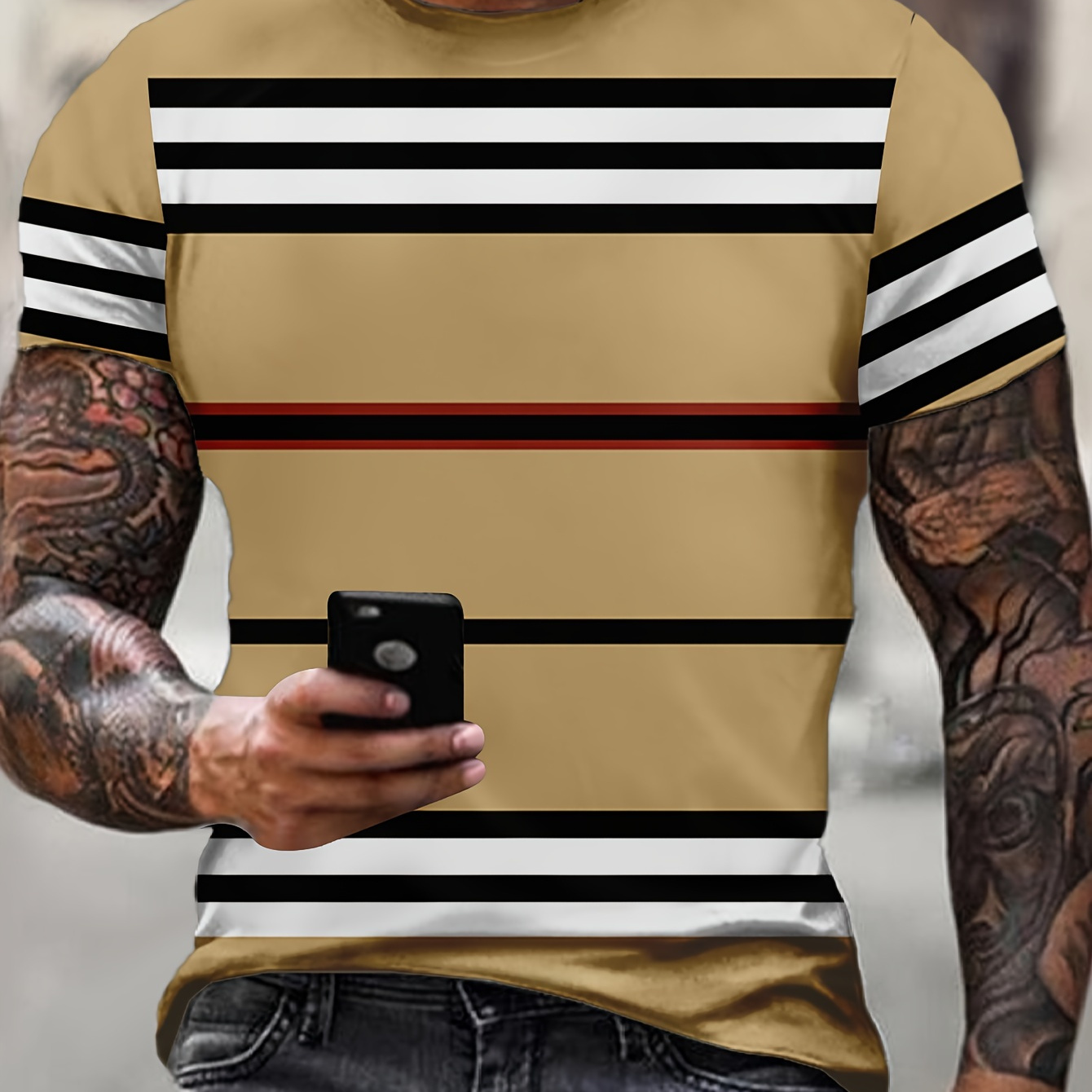 

Men's Casual Striped T-shirt - Regular Fit, Knit Fabric, Polyester Blend, Printed Design, Round Neckline