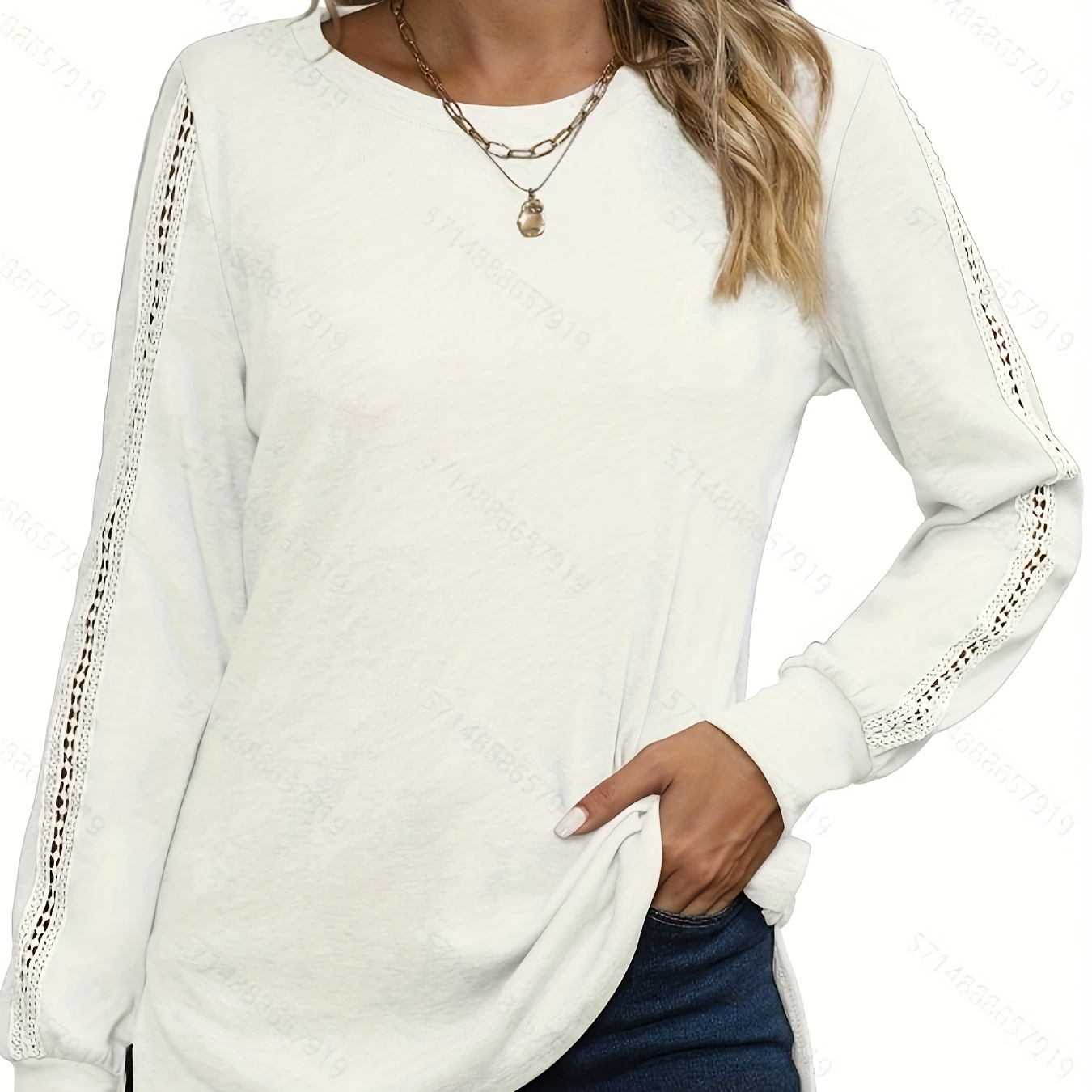 Solid Contrast Lace T shirt Casual Long Sleeve Crop Top - Temu Canada