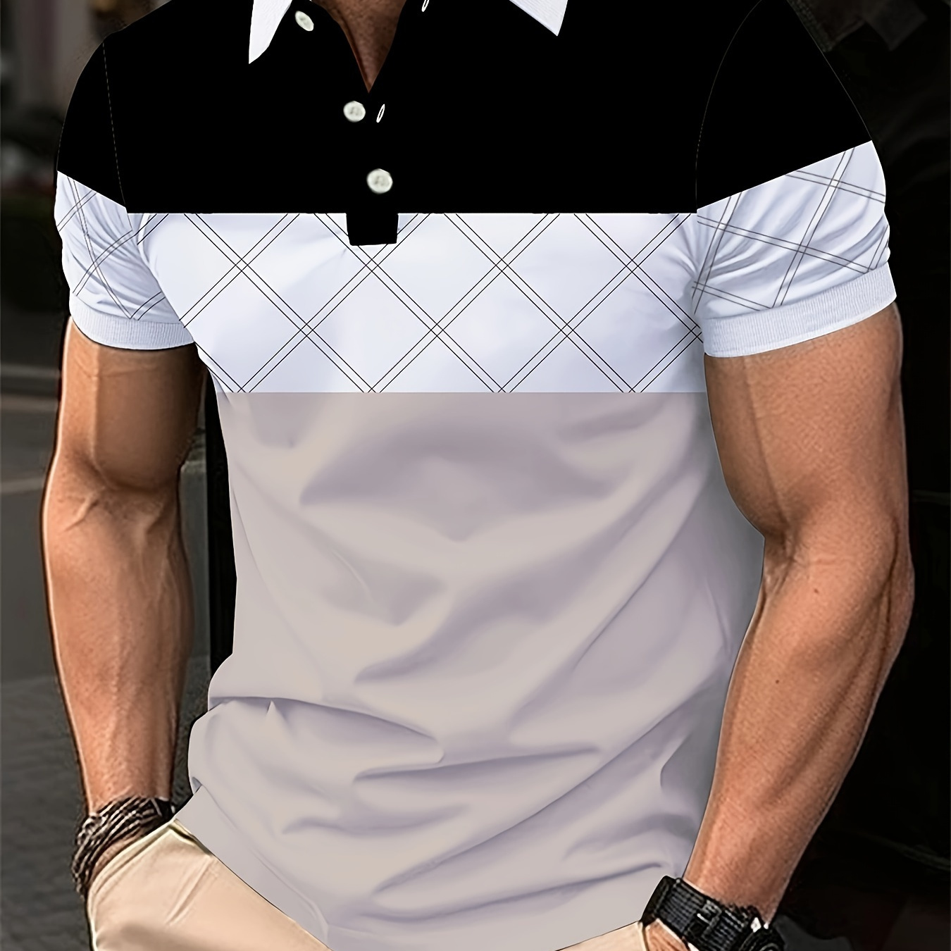 

Geometric Print Summer Men's Fashionable Lapel Short Sleeve Golf T-shirt, Suitable For Commercial Entertainment Occasions, Such As Tennis And Golf, Men's Clothing, As Gifts
