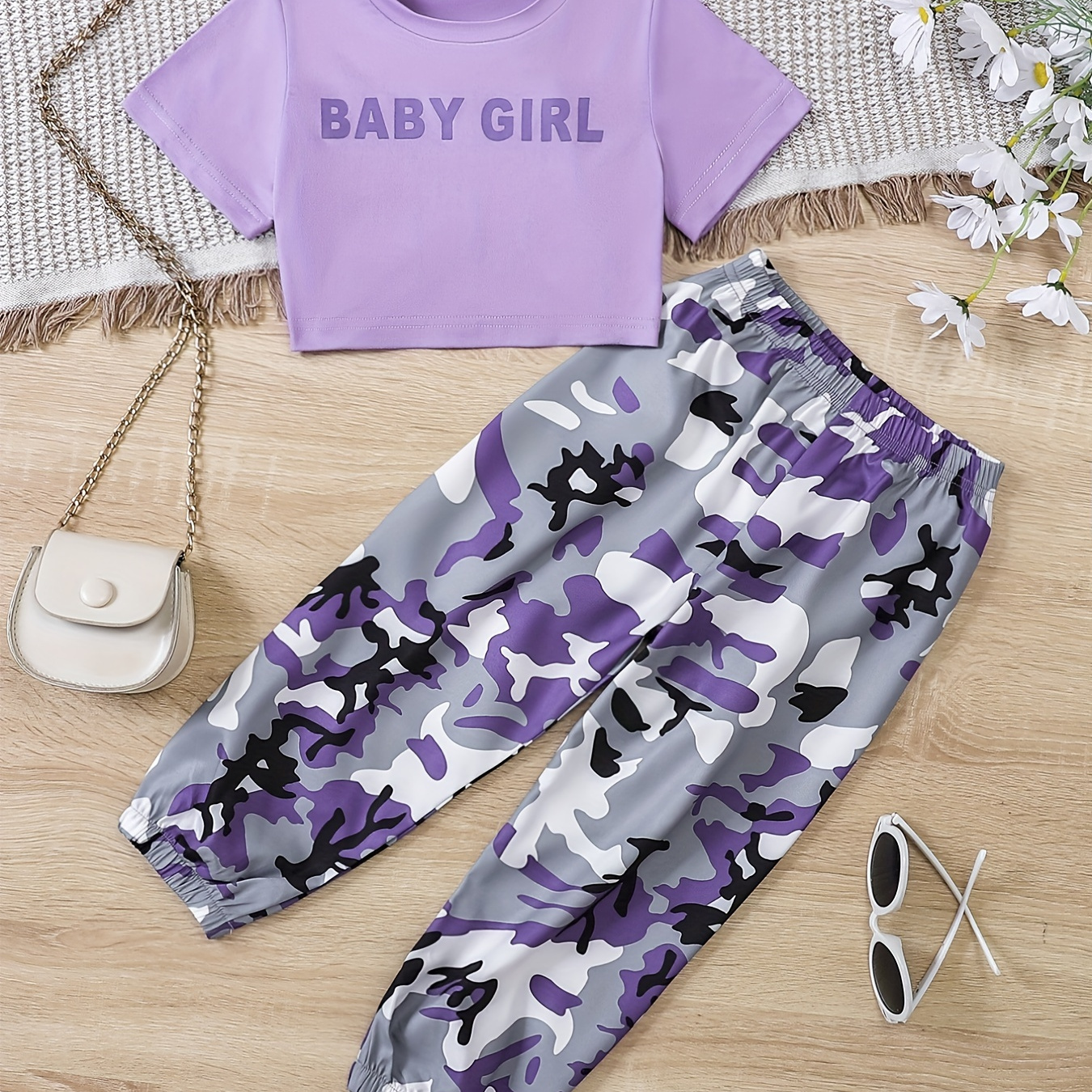 Girls Casual Cute Cropped T-shirt & Camouflage Print Pants Set For Summer