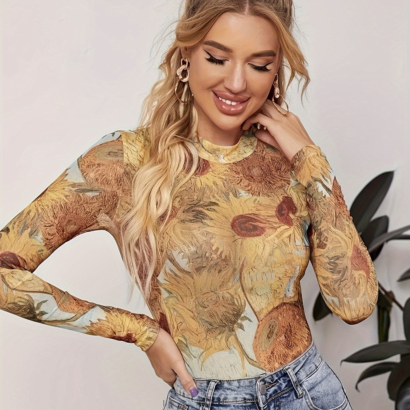 

Chic Sunflower Print Sheer Mesh Long Sleeve T-shirt - Stretchy, Crew Neck, Bodycon Fit For Women