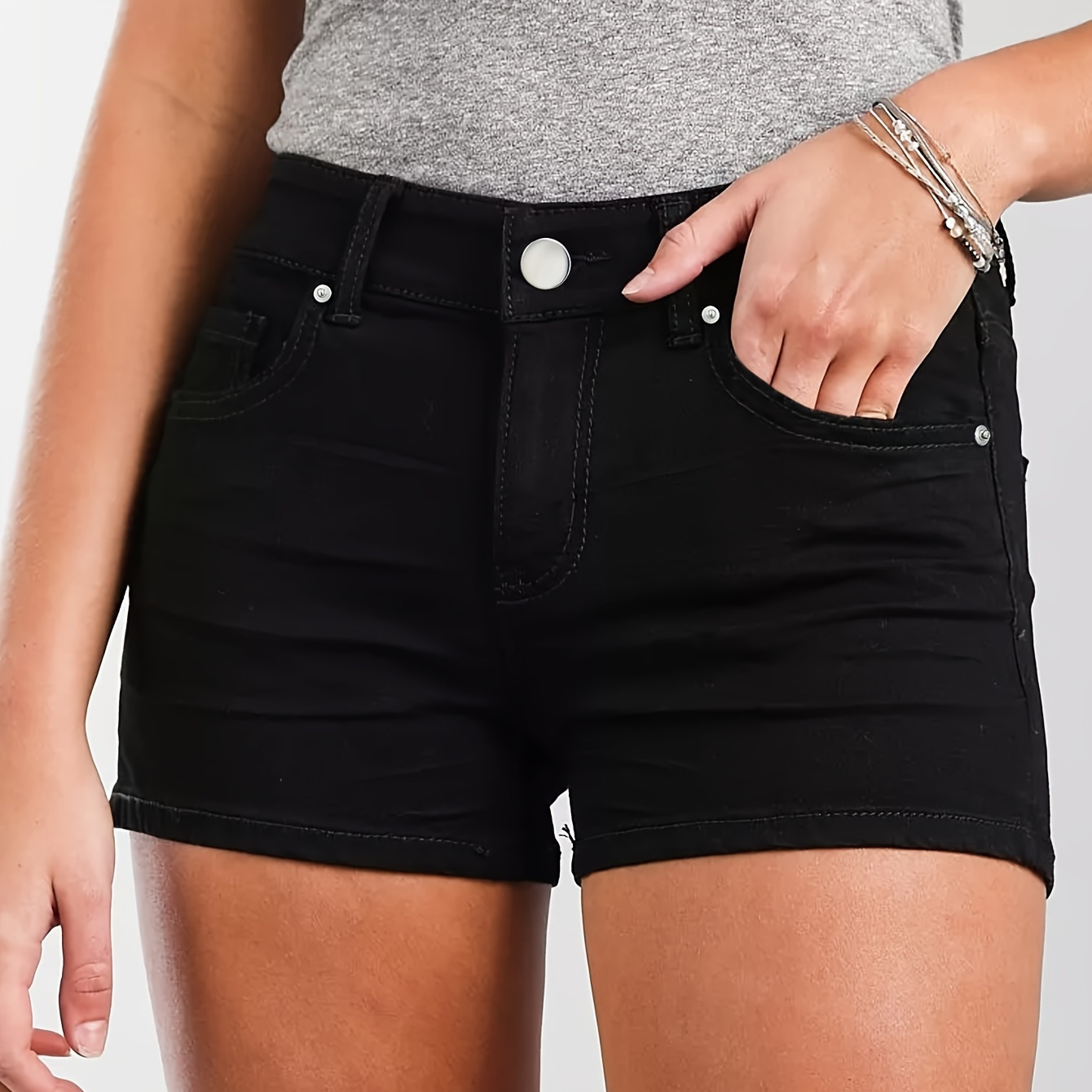 

Slant Pockets Slimming Denim Shorts, Mid-stretch Solid Color Casual Denim Shorts, Women's Denim Jeans & Clothing