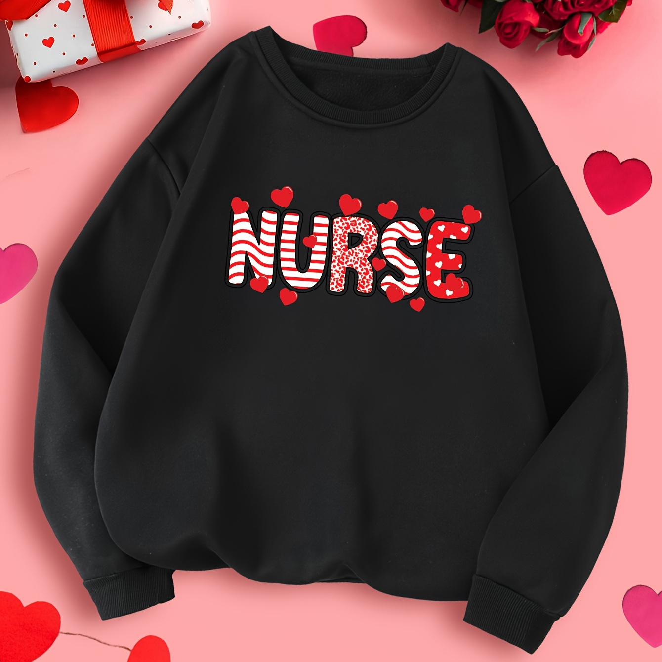 

Valentine's Day Heart And Nurse Graphic Round Neck Sweatshirt, Long Sleeve Pullover Sports Tops, Women's Activewear