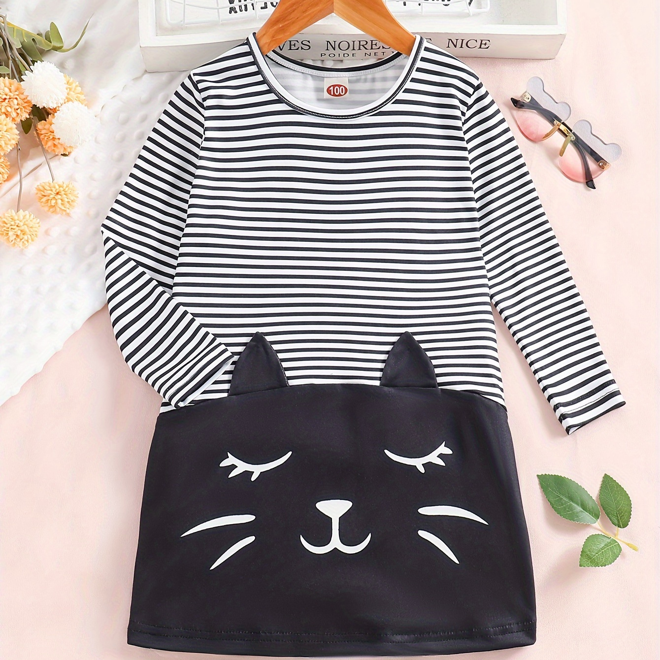 

Splicing Kitty Design Stripped Long Sleeve Dress Kids Clothes Girls Spring Fall Gift