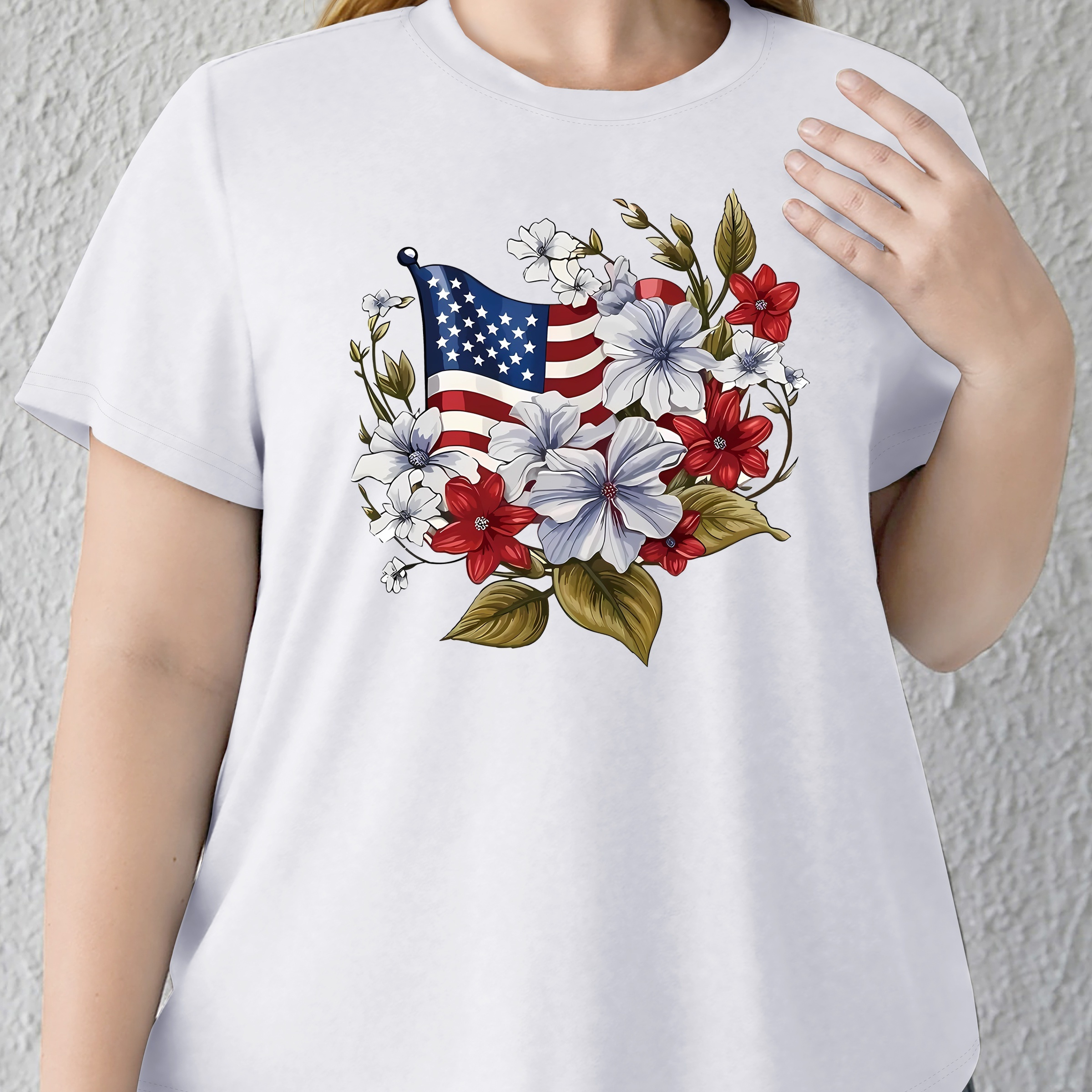 

Women's Plus Size Casual Sporty T-shirt, American Flag And Floral Print, Independence Day Outfit 4th Of July Comfort Fit Short Sleeve Tee, Fashion Breathable Casual Top