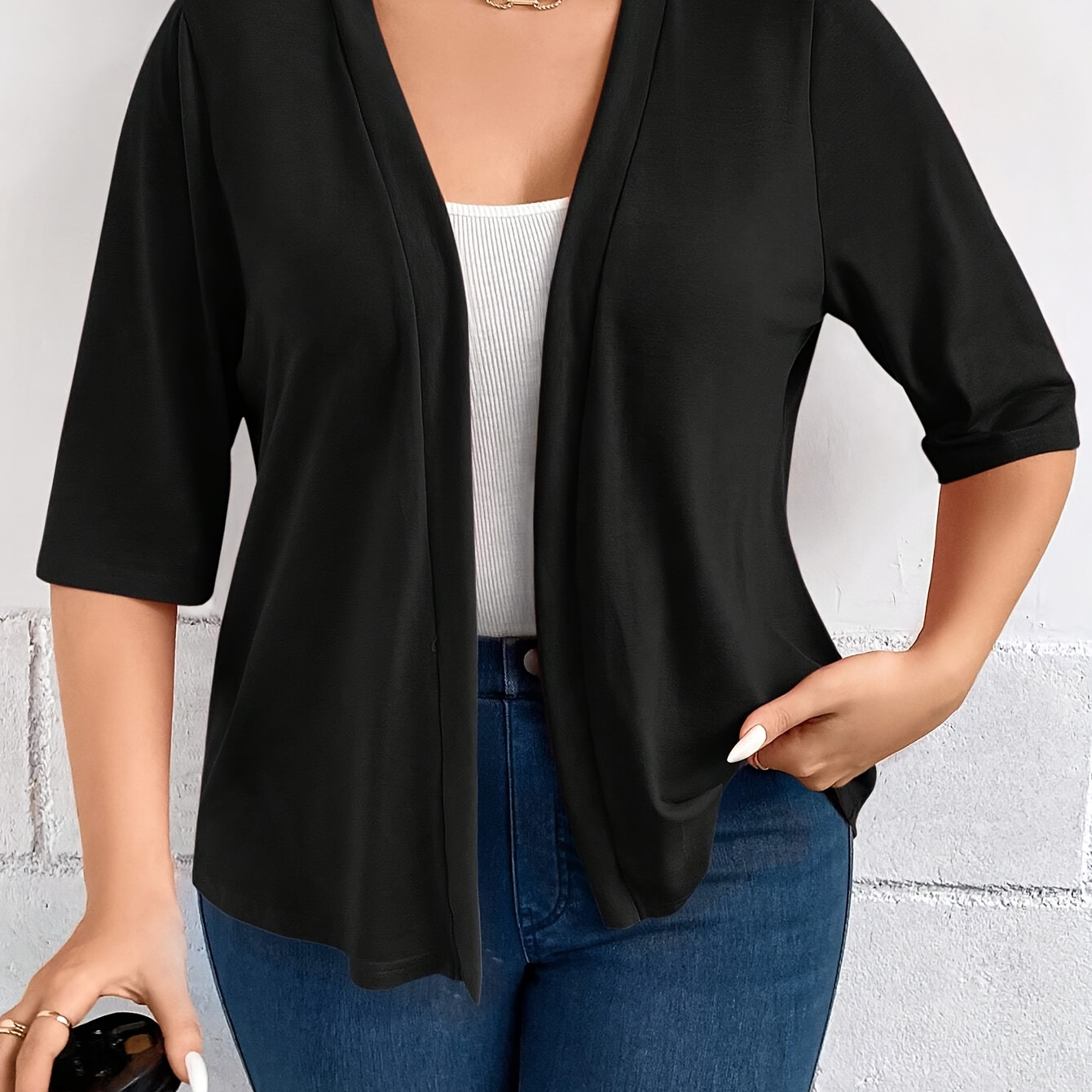 

Plus Size Open Front Cardigans, Casual Solid Half Sleeve Knit Cardigans Top For Winter & Fall, Women's Plus Size Clothing