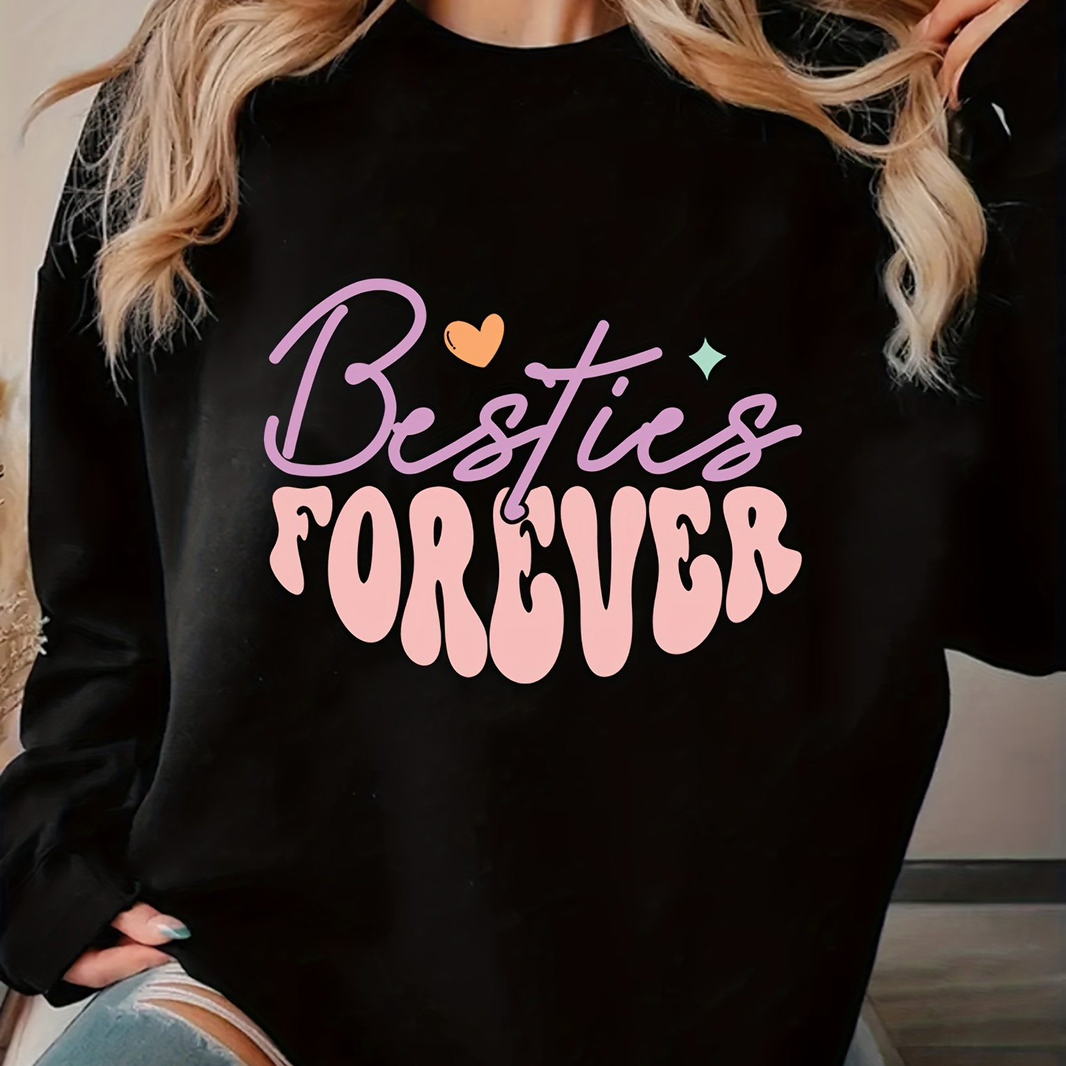 

Women's Casual Crew Neck Sweatshirt With "besties Forever" Print - 100% Polyester Knit Fabric For Fall/winter Season, Alphabet Pattern Design