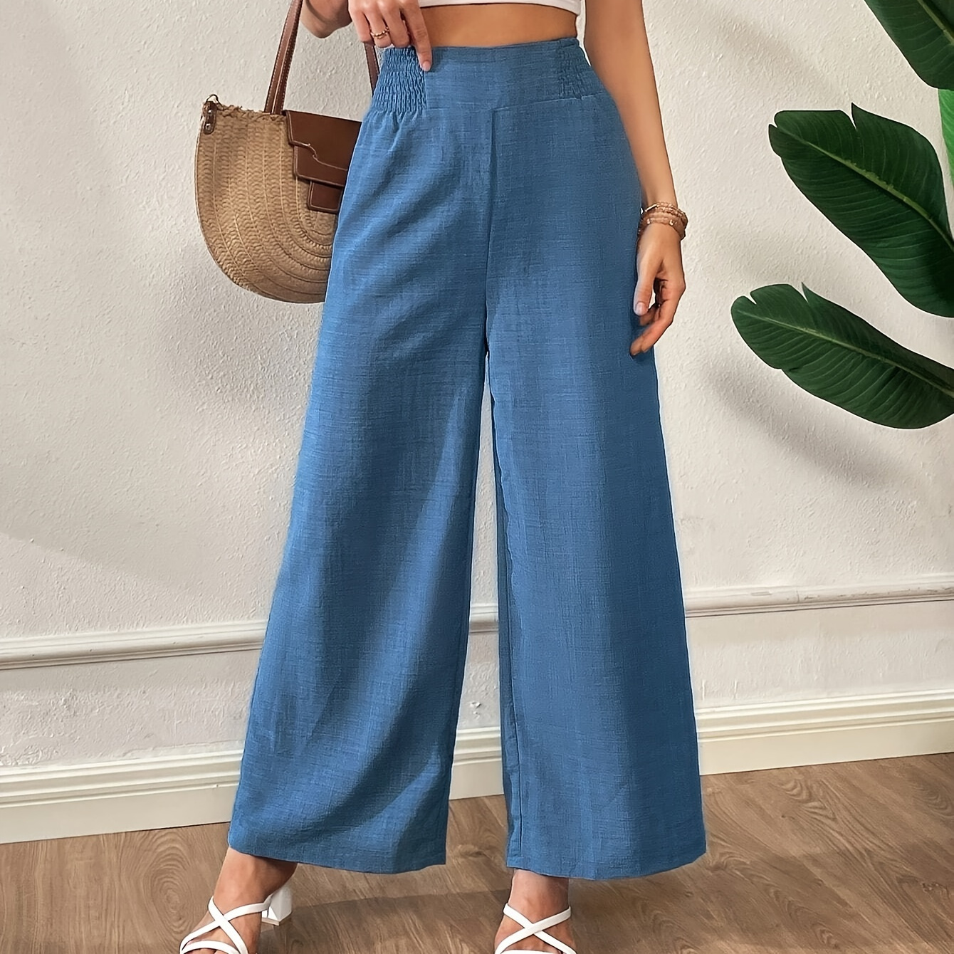 

Women's Casual Wide-leg Pants - Solid Color, High Waist, Non-stretch Polyester , Machine Washable