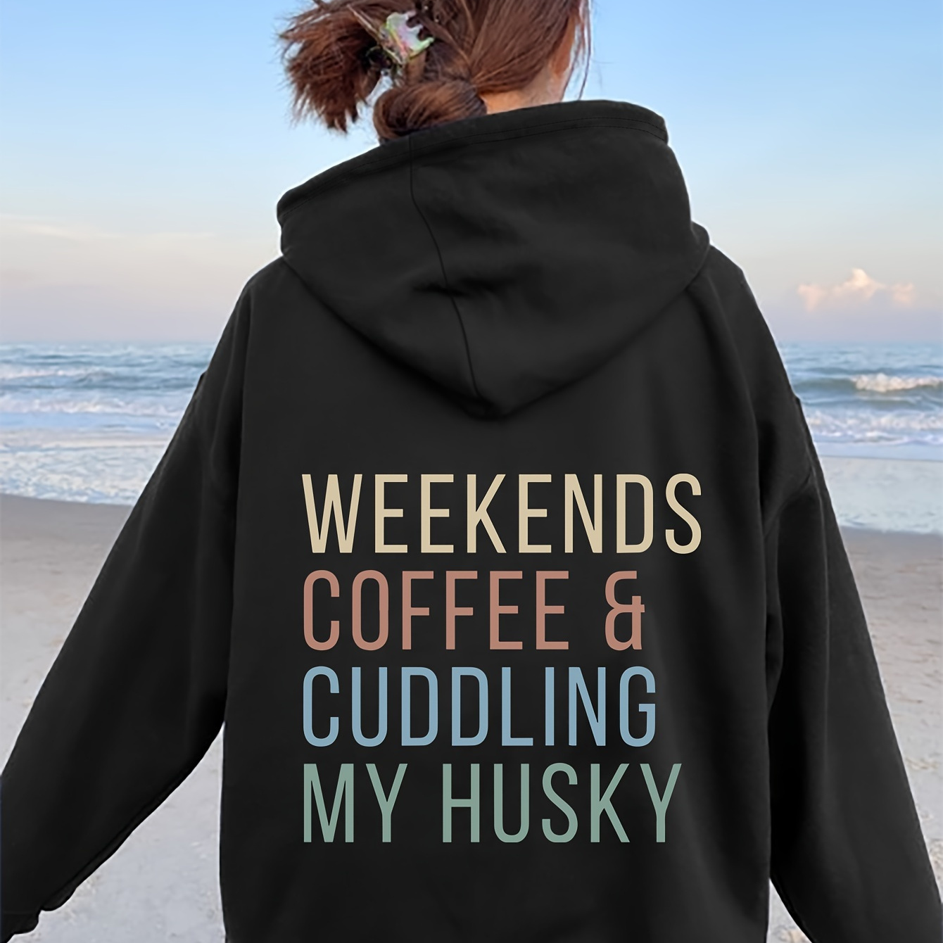 

Casual Polyester Hoodie With " Coffee & Cuddling My Husky" Print - Fall/winter Hooded Sweatshirt With Pocket, Alphabet Pattern, Knit Fabric, Long Sleeve Pullover