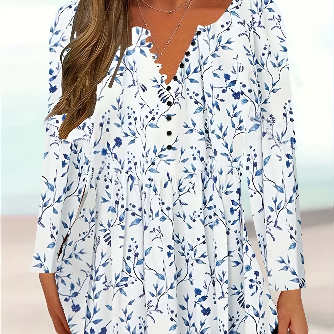

Plus Size Casual T-shirt, Women's Plus Floral Print Long Sleeve Round Neck Slight Stretch Ruched Henley Top