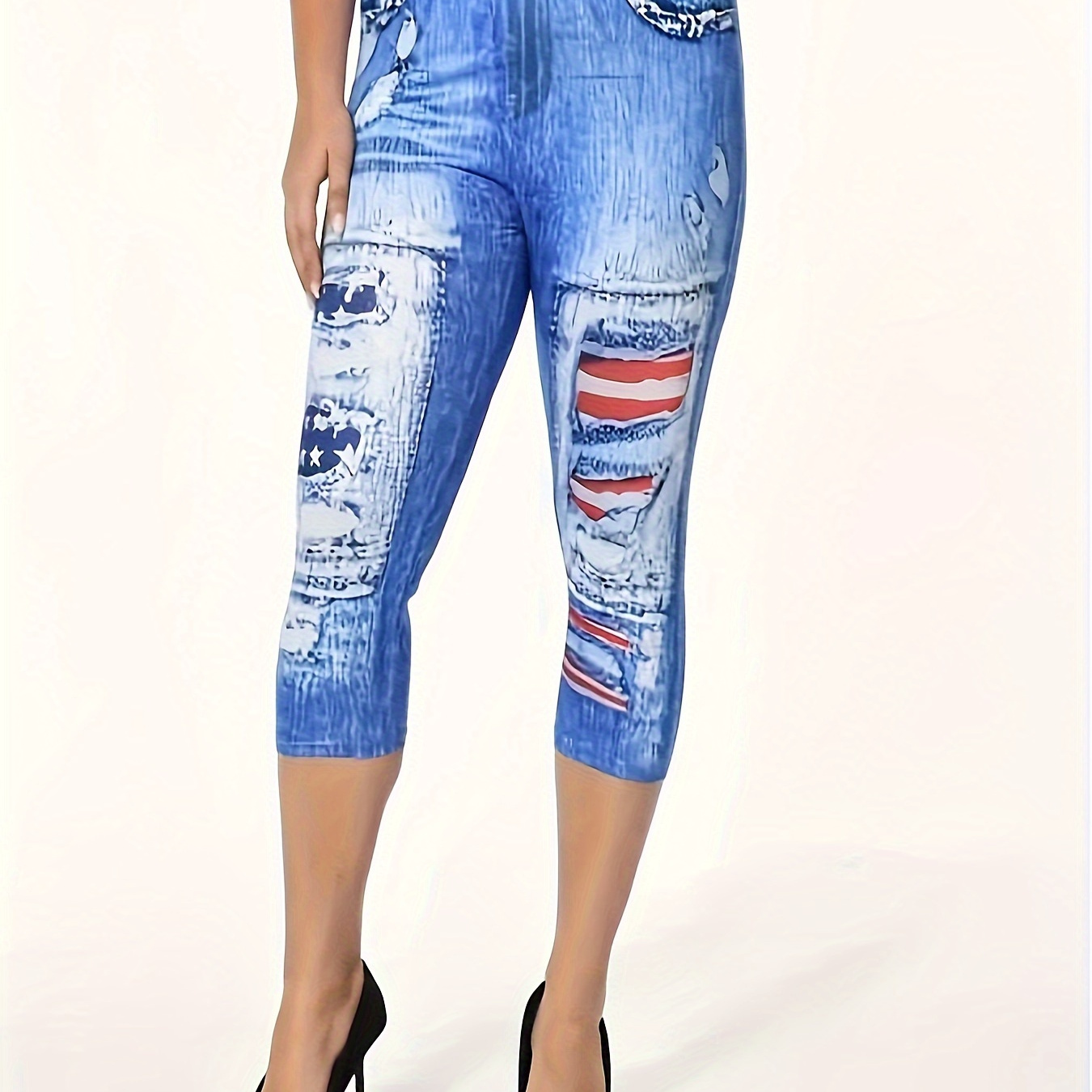 Denim & Flag Print Capris Leggings, Casual Crop Leggings For Spring & Summer, Women's Clothing