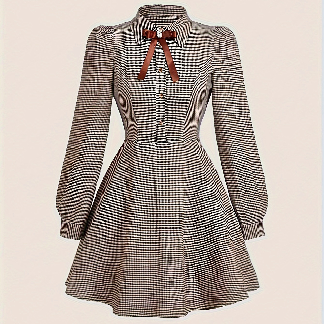 

1pc Vintage Style Women's Dress With Bow Tie Detail, Polyester Fit-and-flare Shirt Dress For Spring/autumn, Adult - Brown Checkered Pattern With Collar