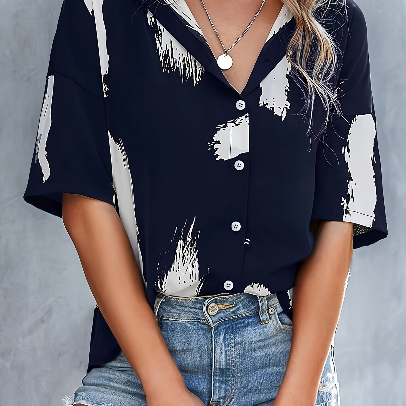 

Abstract Print Button Front Blouse, Casual Short Sleeve Blouse For Spring & Summer, Women's Clothing