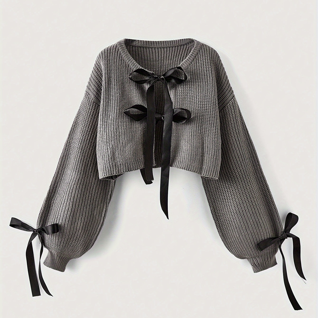 

Contrast Trim Bow Decor Cardigan, Sweet Lantern Sleeve Tie Front Knit Outwear, Women's Clothing