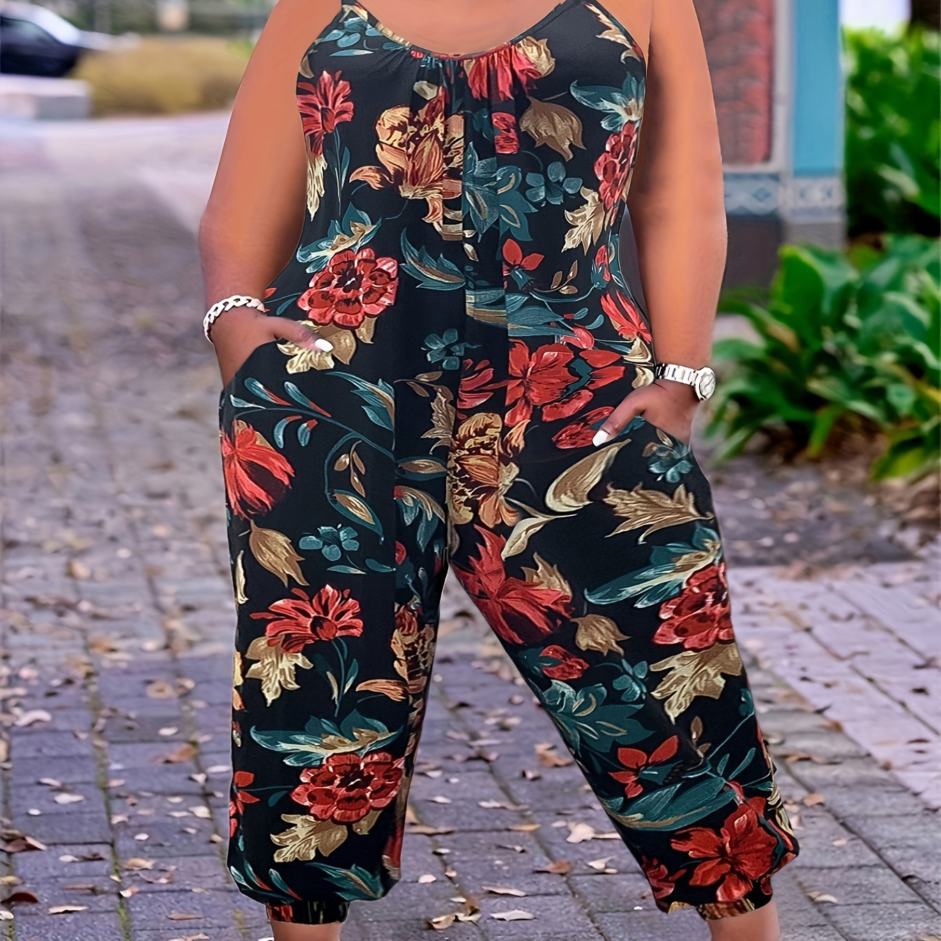 

Plus Size Floral Print Slip Jumpsuit, Casual Ruched Sleeveless Pockets Jumpsuit, Women's Plus Size clothing