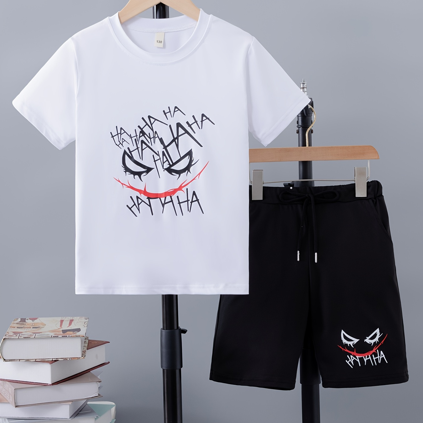 

Boy's Cartoon Graffiti Face Letter Print 2pcs, T-shirt & Shorts Set, Halloween Style Casual Outfits, Kids Clothes For Summer