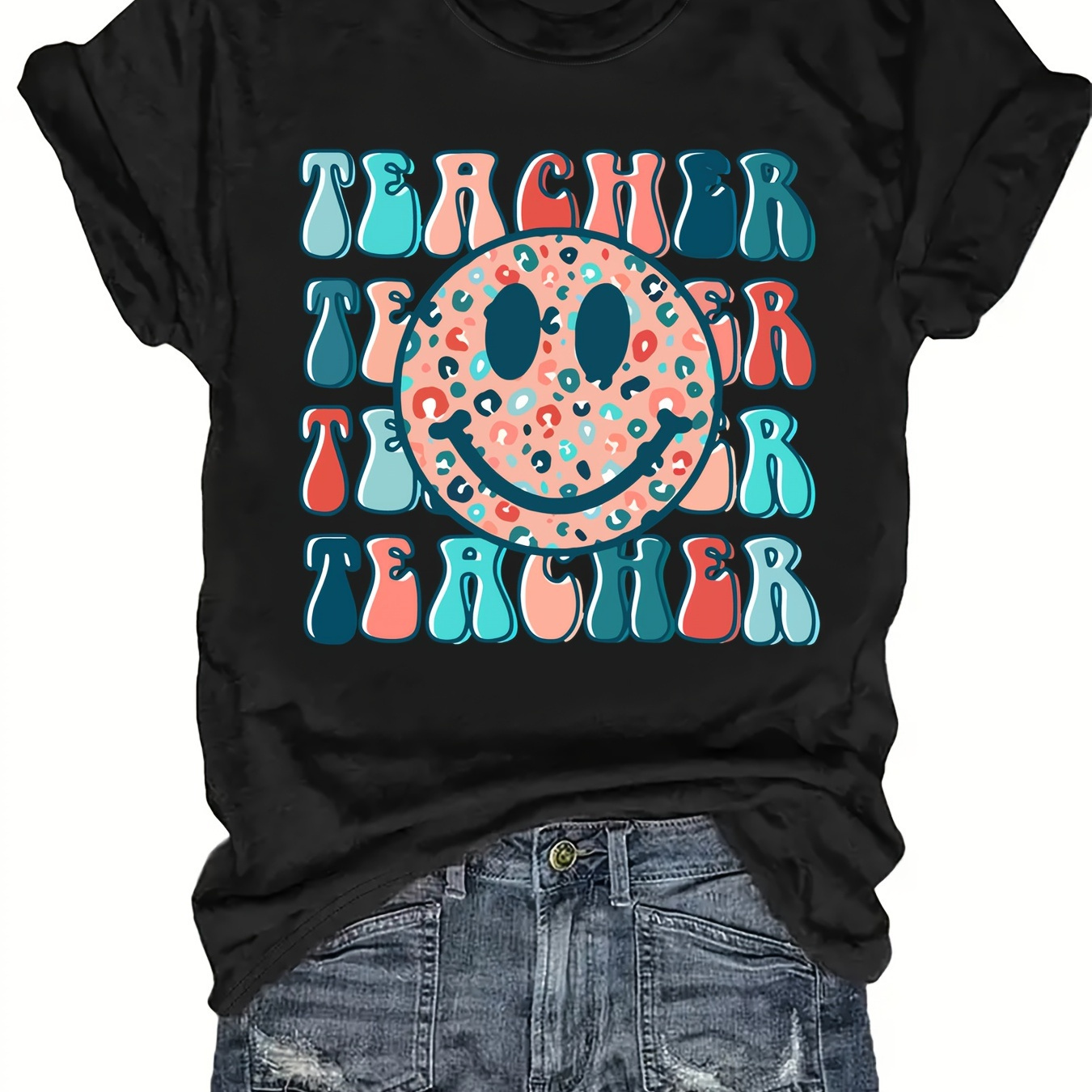 

Plus Size Teacher & Smile Face Print T-shirt, Casual Short Sleeve Crew Neck Top For Spring & Summer, Women's Plus Size Clothing