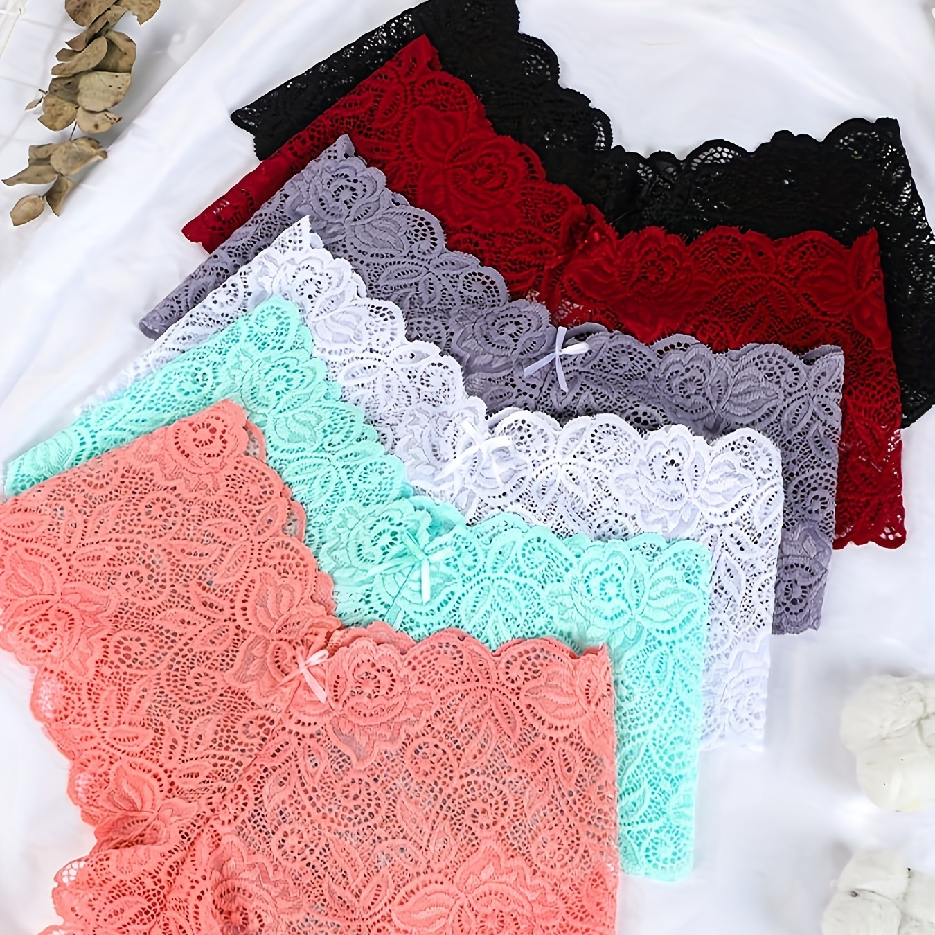 

6pcs Floral Lace Thongs, Breathable & Comfy Scallop Trim Panties, Women's Lingerie & Underwear